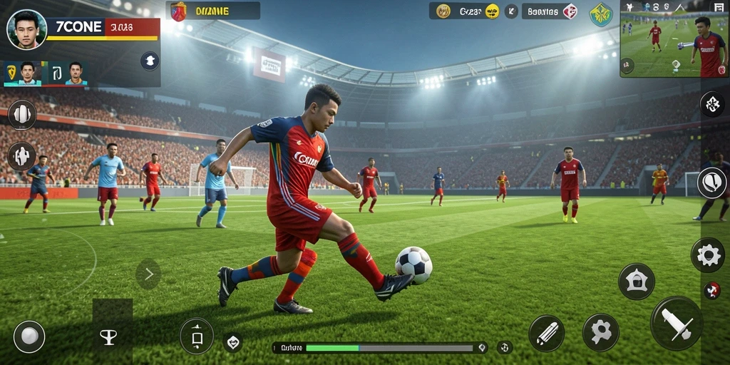 Tampilan gameplay menarik dengan aksi sepak bola mendebarkan.