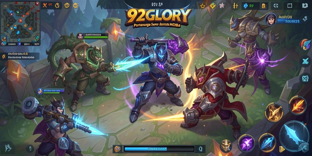 Tampilan menarik dari pertarungan epic dalam game MOBA 92GLORY.