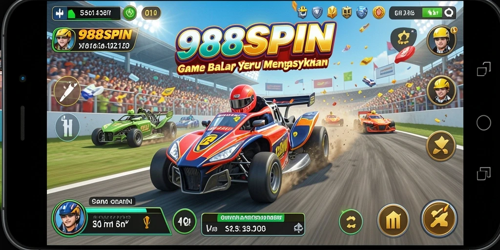 Screenshot 988SPIN menampilkan aksi balapan yang mendebarkan.