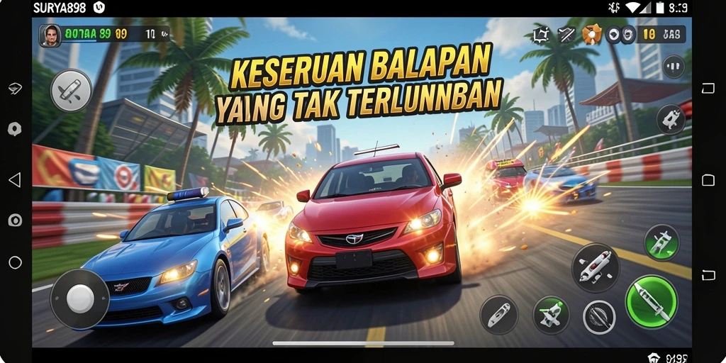 Screenshot menampilkan aksi balapan penuh adrenalin di SURYA898.